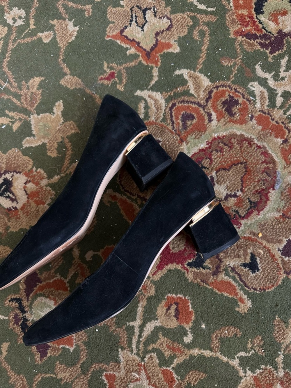 Black Suede Pointed Toe Block Heel Pumps - Picture 3 of 8